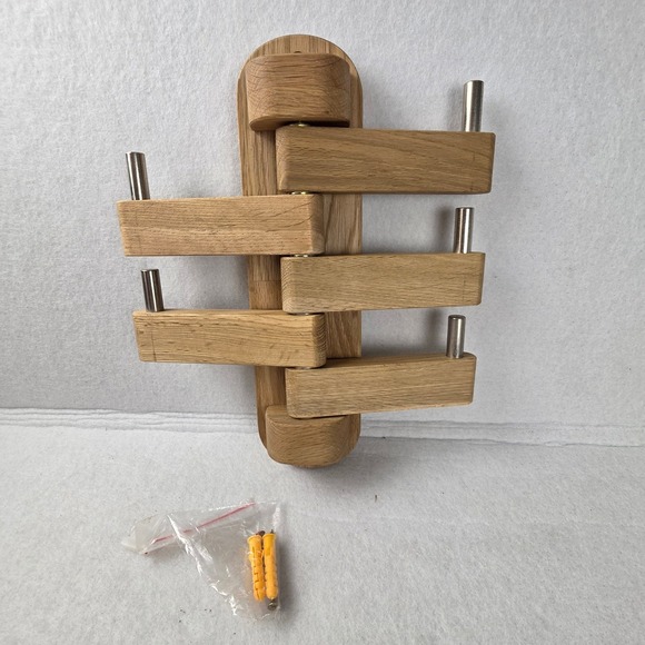 Other - Solid Oak Swivel Wall Mounted Coat Rack 5 Rotating Arms Wood & Steel Hook Rail